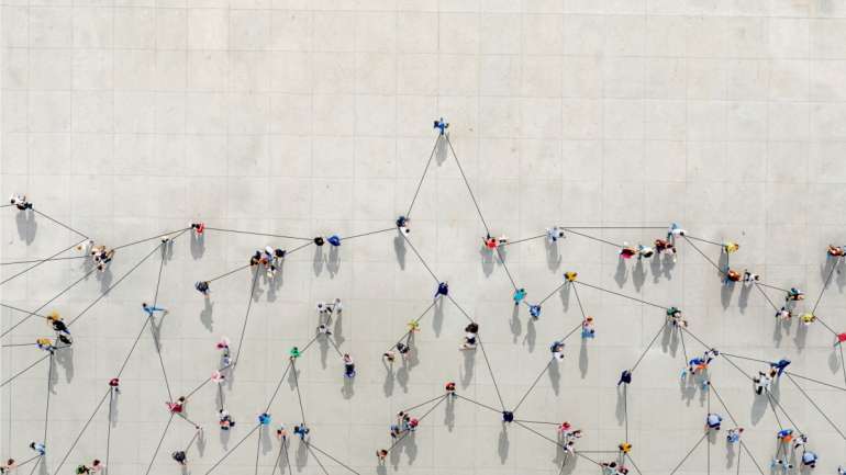 People connected by lines on a square