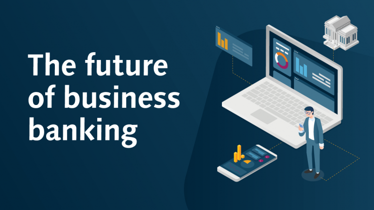 Conceptual image of interconnected financial buildings in a digital cityscape, representing the future of business banking.