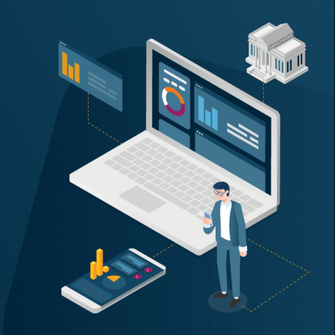 Conceptual image of interconnected financial buildings in a digital cityscape, representing the future of business banking.